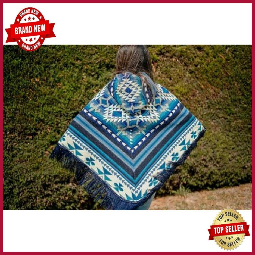 Alpaca Wool Poncho with Hood, Geometric Design, Machine Washable - Picture 6 of 7